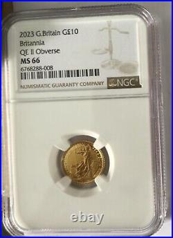 1/10 Oz Gold Coin 2023 Britannia NGC Graded MS66 3.13 Grams 24Ct Royal Mint