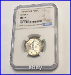 1 Franc 1920 Republic NGC MS 62 France Silver Coin Collection