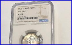 1 Franc 1920 Republic NGC MS 62 France Silver Coin Collection