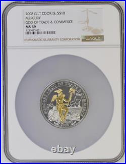 10 Dollars 2008 Cook Islands God Of Trade Mercury Silver Unc Ngc Ms69