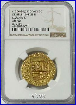1556-1598 S D Gold Spain 2 Escudo Ngc Ms 63 Seville Mint Philip II Square D