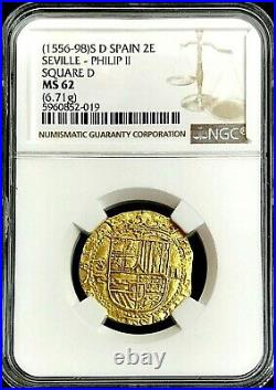 1556-1598 S D Gold Spain 2 Escudos Philip II Coin Ngc Mint State 62 Seville Mint