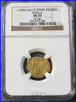 1598 -1621 S Gold Spain 1 Escudo Felipe III Cob Seville Mint Ngc About Unc 53