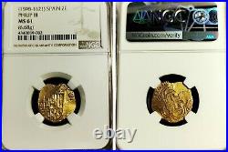 1598-1621 Spain 2 Escudos Gold Philip III Seville Mint NGC MS 61! FINEST KNOWN