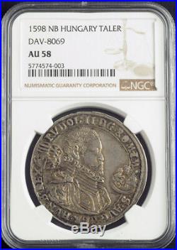 1598, Hungary, Rudolph II. Silver Thaler Coin. Nagybanya mint! Rare! NGC AU-58