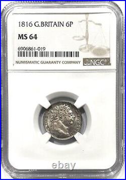 1816 Silver Great Britain 6 Pence George III Coin NGC Mint State 64 PQ Luster