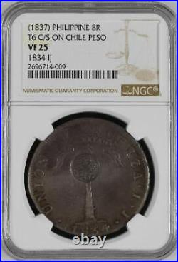 1837 Philippines 8 Reales Counter Stamped Chile Silver Peso IJ Mint NGC VF-25