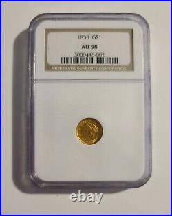 1853 Gold dollar $1 AU58 near mint