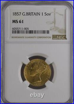 1857 Full Gold Sovereign NGC MS61 Victoria Young Head Royal Mint