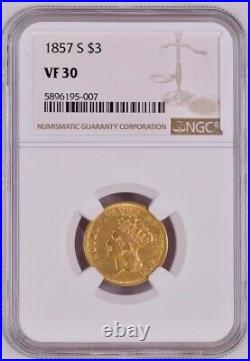 1857-s Three Dollar Indian Gold Coin $3 Certified Ngc Vf30 Rare S Mint