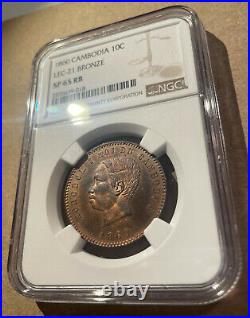 1860 Cambodia 10 Centimes LEC-21 Bronze NGC SP 65 RB SPECIMEN Rare! Mint