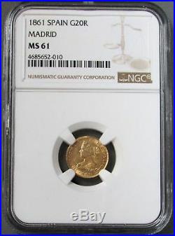 1861 Gold Spain 20 Reales Queen Isabel II Ngc Mint State 61