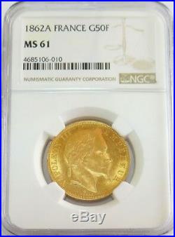 1862 A Gold France 50 Francs Napoleon III Coin Ngc Mint State 61
