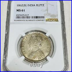 1862-B India 1 Rupee NGC MS61 Lot#A2910 Silver! Nice UNC