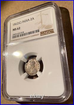 1862 C India 2 Anna NGC MS 62 Silver! Mint State High Grade