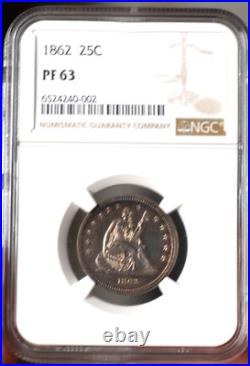 1862 US Seated Liberty Quarter NGC PF 63 Stunning Coin