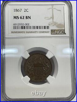 1867 2c piece, NGC MS62 BN, 2 Cents Unc