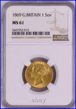 1869 Mint State Queen Victoria Gold Sovereign NGC MS 61 Die Number 42