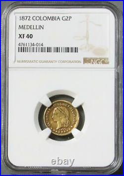 1872 Gold Colombia 2 Pesos Lady Liberty Coin Medellin Mint Ngc Extra Fine 40