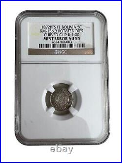1872 PTS FE Bolivia 5c KM-156.3 Mint Error Silver Coin NGC AU55