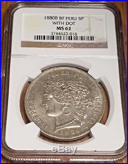 1880 Peru 5 Pesetas with Dot NGC MS 62 reales silver crown Lima sol Mint 5P