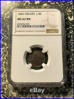 1884 Straits Settlements 1/4 Cent NGC MS62 Brown Lot#G652 Nice UNC