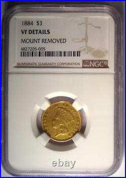1884 Three Dollar Indian Gold Coin $3 NGC VF Details Just 1000 Coins Minted