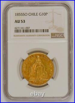1885 Chile 10 Pesos Gold Coin, Santiago Mint, Graded AU53 by NGC