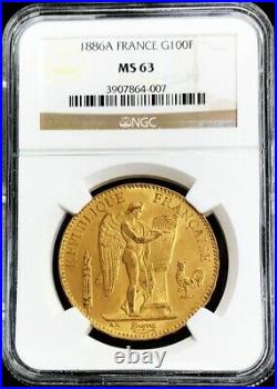 1886 A Gold France 100 Francs Standing Genius Coin Ngc Mint State 63