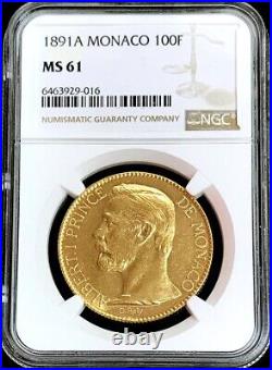 1891 A Gold Monaco 100 Francs Albert I Coin Ngc Mint State 61 Paris Mint