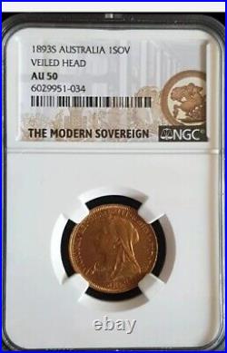 1893s Queen Victoria Veiled Head Full Gold Sovereign Sydney Mint Ngc Graded Au50
