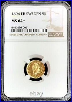 1894 Eb Gold Sweden 5 Kronor Coin Oscar II Coin Ngc Mint State 64+