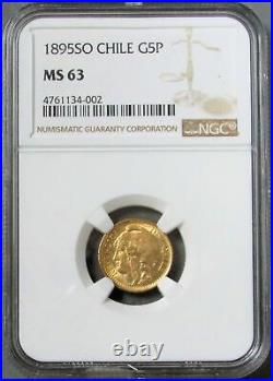 1895 So Gold Chile 5 Pesos Santiago Mint Ngc Mint State 63