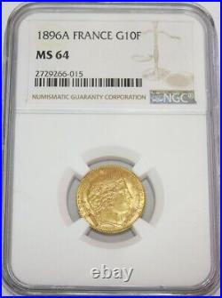 1896 A Gold France 10 Francs Ceres Coin Ngc Mint State 64 Paris Mint