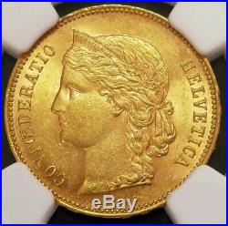 1896 B Gold Switzerland 20 Francs 3 Stars Front Of Face On Rim Ngc Mint State 63