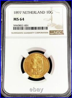 1897 Gold Netherlands 10 Gulden Long Hair Coin Ngc Mint State 64