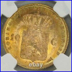 1897 Gold Netherlands 10 Gulden Long Hair Coin Ngc Mint State 64 +