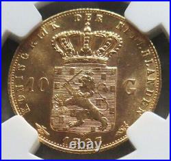 1897 Gold Netherlands 10 Gulden Long Hair Ngc Mint State 64