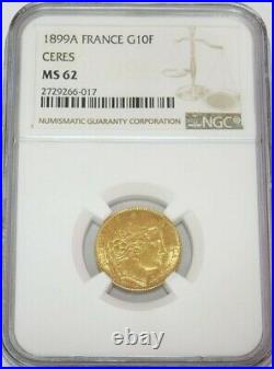 1899 A Gold France 10 Francs Ceres Coin Ngc Mint State 62