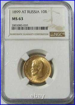 1899 At Gold Russia 10 Roubles Nicholas II Coin Ngc Mint State 63
