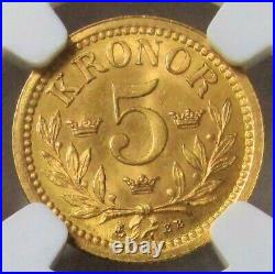 1899 Eb Gold Sweden 5 Kronor Coin Oscar II Ngc Mint State 65