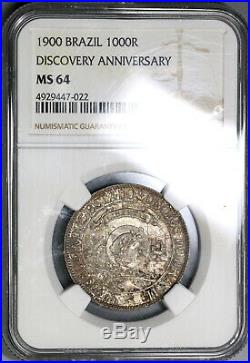 1900 NGC MS 64 Brazil 1000 Reis Discovery Silver Coin 33K Minted (19080701C)