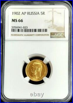 1902 Ap Gold Russia 5 Roubles Nicholas II Coin Ngc Mint State 66