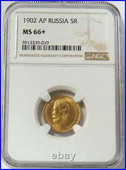 1902 Ap Gold Russia 5 Roubles Nicholas II Coin Ngc Mint State 66+