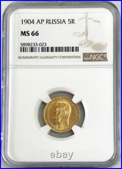 1904 Ap Gold Russia 5 Roubles Nicholas II Coin Ngc Mint State 66