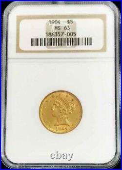 1904 Gold United States $5 Dollar Liberty Head Half Eagle Coin Ngc Mint State 63