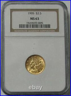 1905 Gold Us $2 1/2 Liberty Head Quarter Eagle Coin Ngc Mint State 63