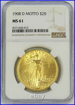 1908 D GOLD $20 ST. GAUDENS WithMOTTO NGC MINT STATE 61