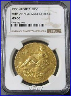 1908 Gold Austria 100 Corona Lady In Clouds Coin Ngc Mint State 60
