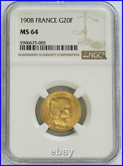 1908 Gold France 20 Francs Rooster Paris Mint Ngc Mint State 64